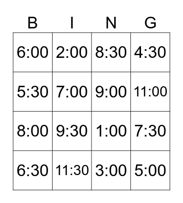 What's the Time? Bingo Card