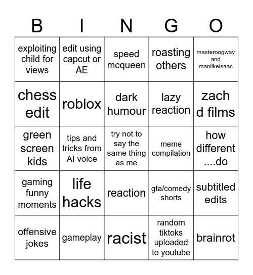 yt shorts bingo Card