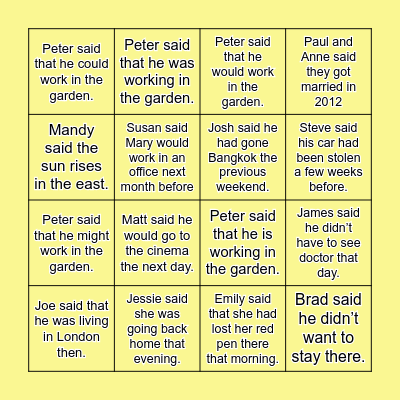 Reported Speech Bingo Card