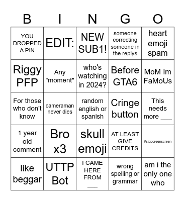 Shorts Bingo Card