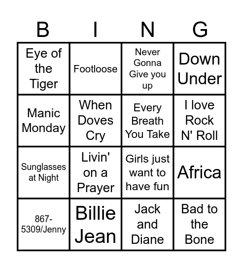 80's Bingo Card