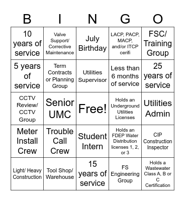 Field Services - Know your department Bingo Card