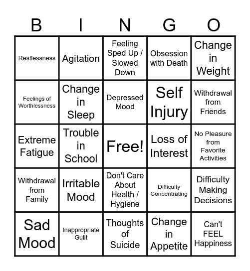 Teen Depression Symptoms Bingo Card