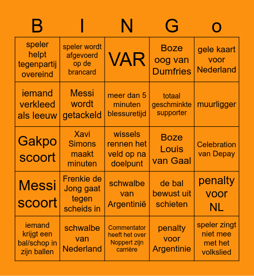 Oranje Bingo! Nederland-Frankrijk Bingo Card