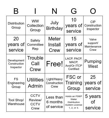 Field Services - Get to know your department Instructions: Locate a team member who fits 1 category and have them sign one space. Achieve at least 20 boxes with signatures. Please sign name at the bottom for a chance to win. Bingo Card