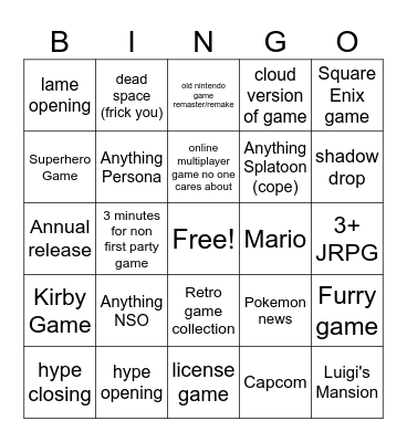 Nintendo Direct Bingo June 2024 Bingo Card