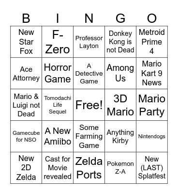 Nintendo Direct June 24 Bingo Card