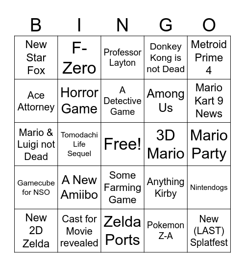 Nintendo Direct June 24 Bingo Card