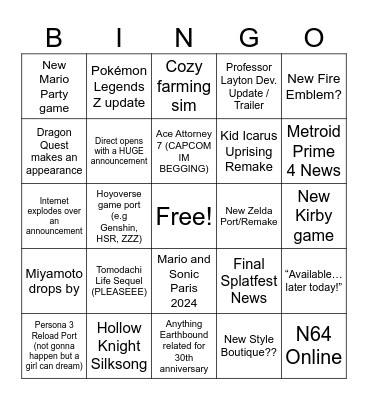 NINTENDO DIRECT 6/2024 Bingo Card