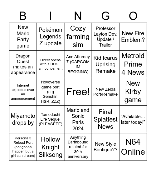 NINTENDO DIRECT 6/2024 Bingo Card
