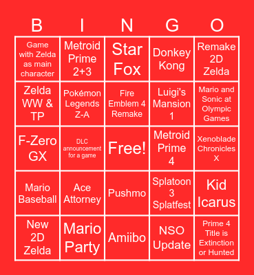 Nintendo Direct 18/6 2024 Bingo Card