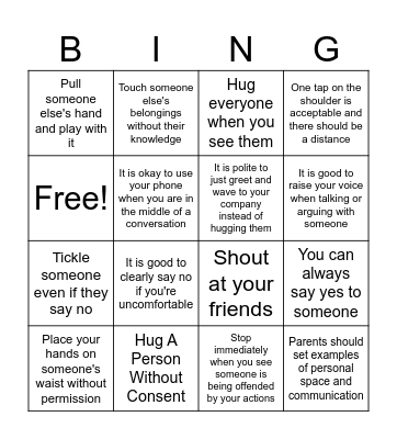 Personal Space Bingo Card