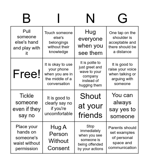 Personal Space Bingo Card