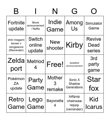 Nintendo Summer Direct 2024 Bingo Card