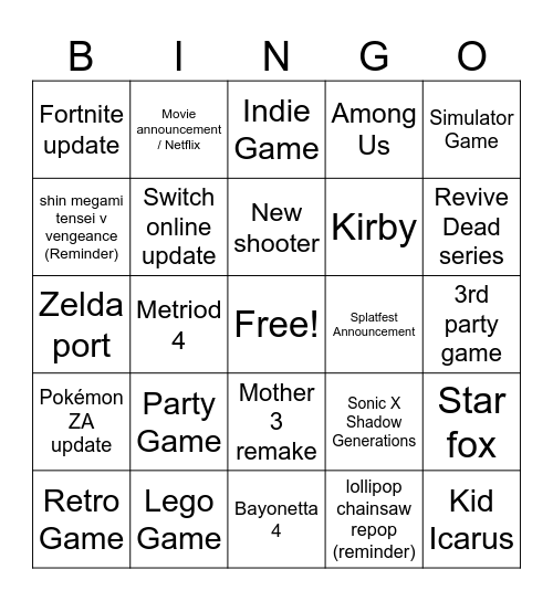 Nintendo Summer Direct 2024 Bingo Card