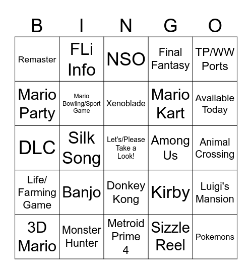 Nintendo Direct 6-18-2024 Bingo Card