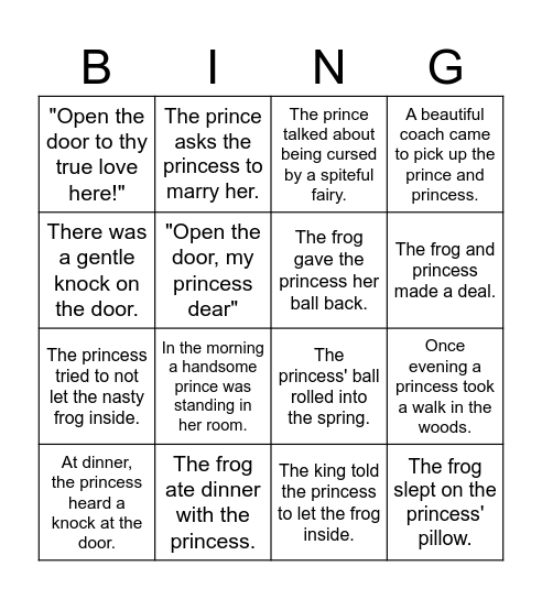 The Frog Prince Bingo Card