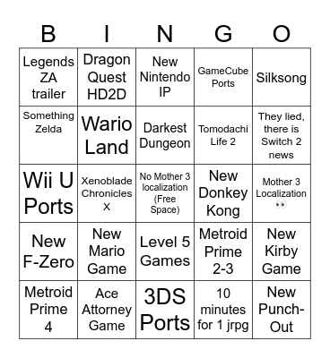 Nintendo Bingo Card