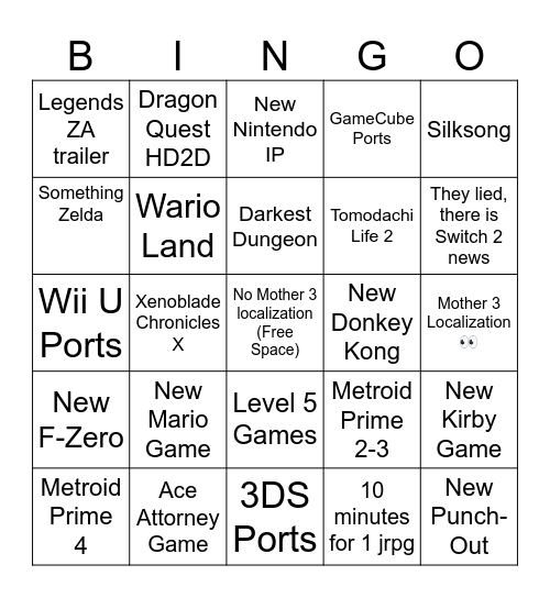 Nintendo Bingo Card