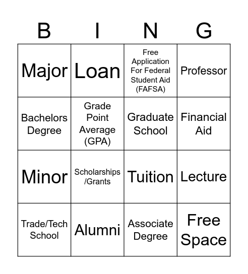 College Knowledge Vocab Bingo Card