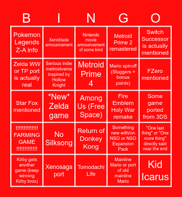 Nintendo Direct Bingo Card