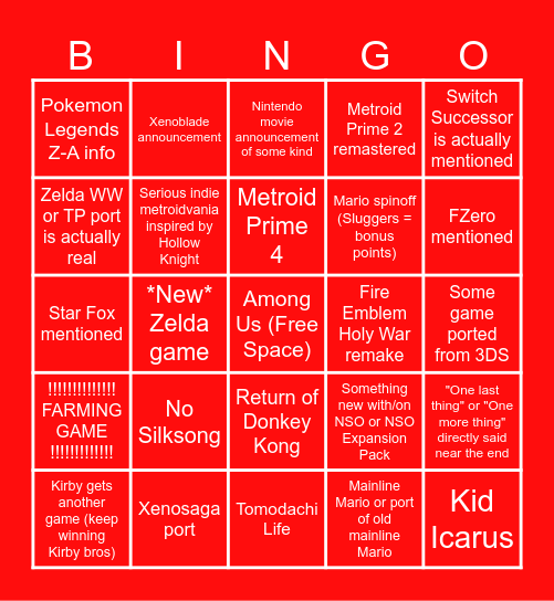 Nintendo Direct Bingo Card