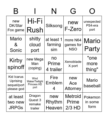 Nintendo Direct Bingo Card