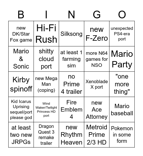 Nintendo Direct Bingo Card