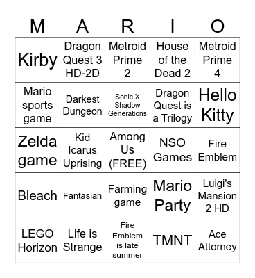 Nintendo Direct Bingo! Bingo Card