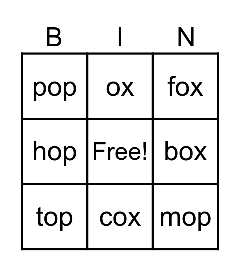 -op  -ox Bingo Card