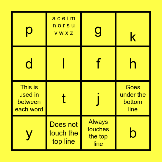 Handwriting Rules Bingo Card