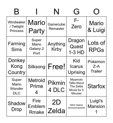 Nintendo Direct Bingo Card