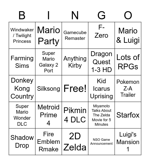 Nintendo Direct Bingo Card