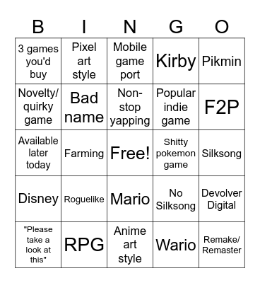 Nintendo Direct June 2024 Bingo Card