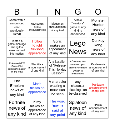 Nintendo Bingo Card