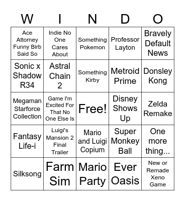 Nintendo Direct 6/18/2024 Bingo Card