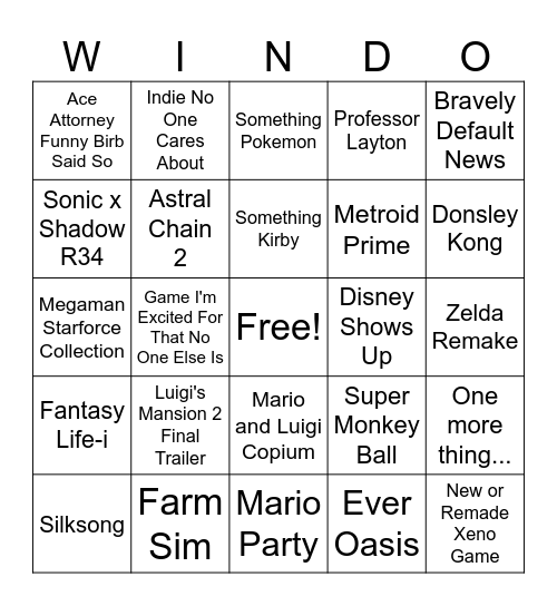 Nintendo Direct 6/18/2024 Bingo Card