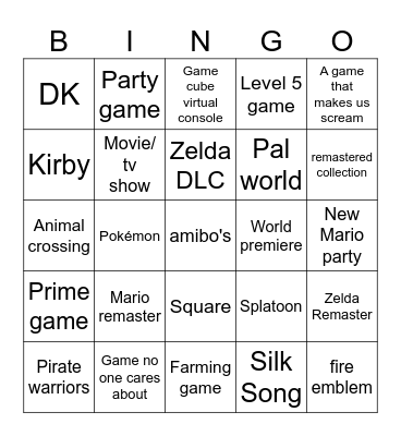 Nintendo direct Bingo Card