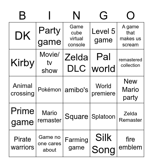 Nintendo direct Bingo Card