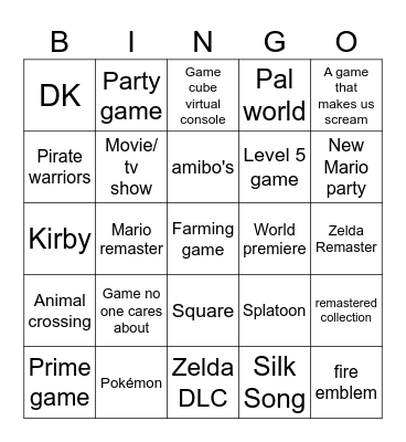 Nintendo direct Bingo Card