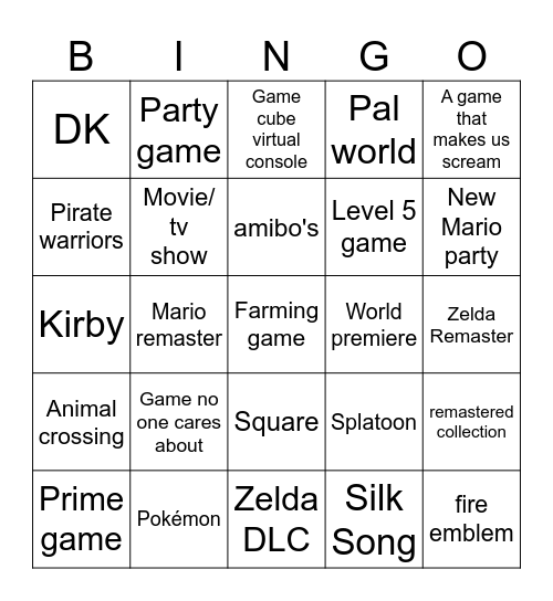 Nintendo direct Bingo Card