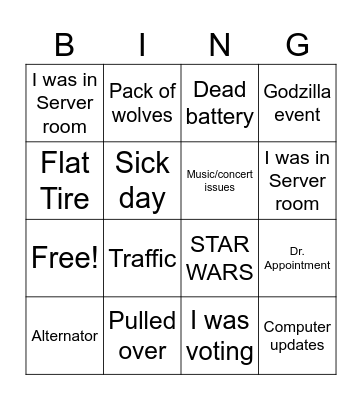 Excuse Bingo Card