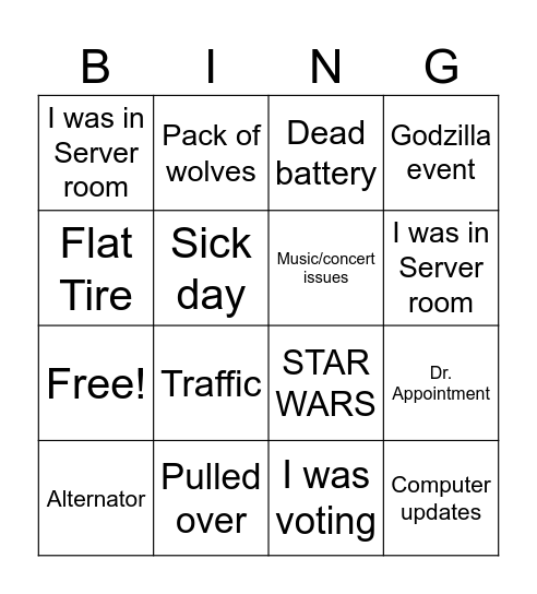 Excuse Bingo Card