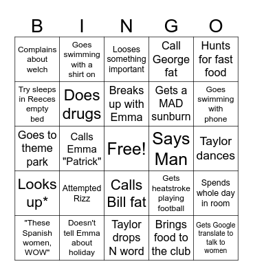 Taylor man Holiday Bingo Card