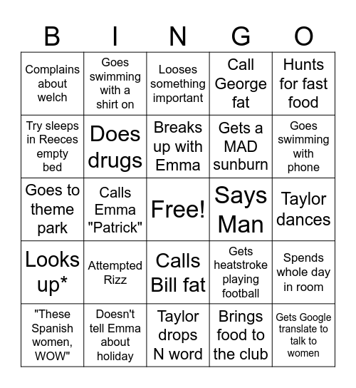 Taylor man Holiday Bingo Card