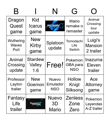 Nintendo Direct June 2024 Bingo Card