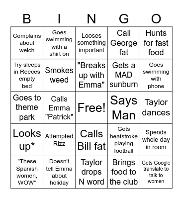 Taylor man Holiday Bingo Card