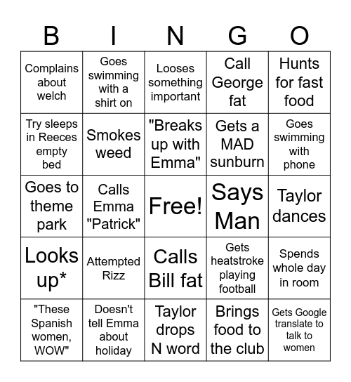 Taylor man Holiday Bingo Card