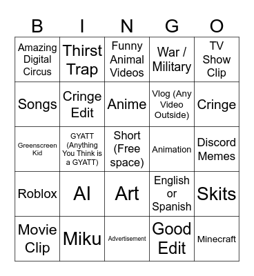 Shorts Bingo Card