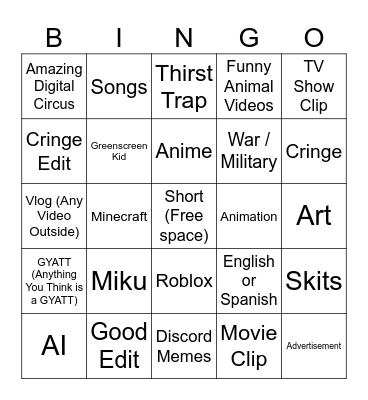 Shorts Bingo Card